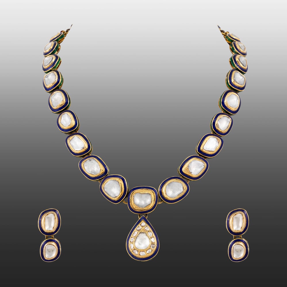 Framed Blue Enamel Polki Necklace with Central Teardrop Pendant